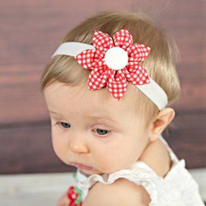 Red and White Gingham Flower Hair Clip